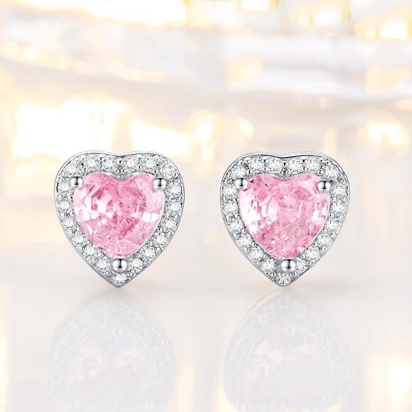 Pink Sterling Silver Heart Cubic Zirconia Stud Earrings for Women - Picture 3 of 7
